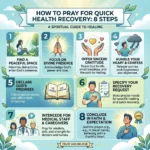 Illustration showing 8 different ways to pray for health, including silent prayer, gratitude prayer, group prayer, meditation, journaling, scripture reading, mindful breathing, and morning reflection in a calm spiritual setting.