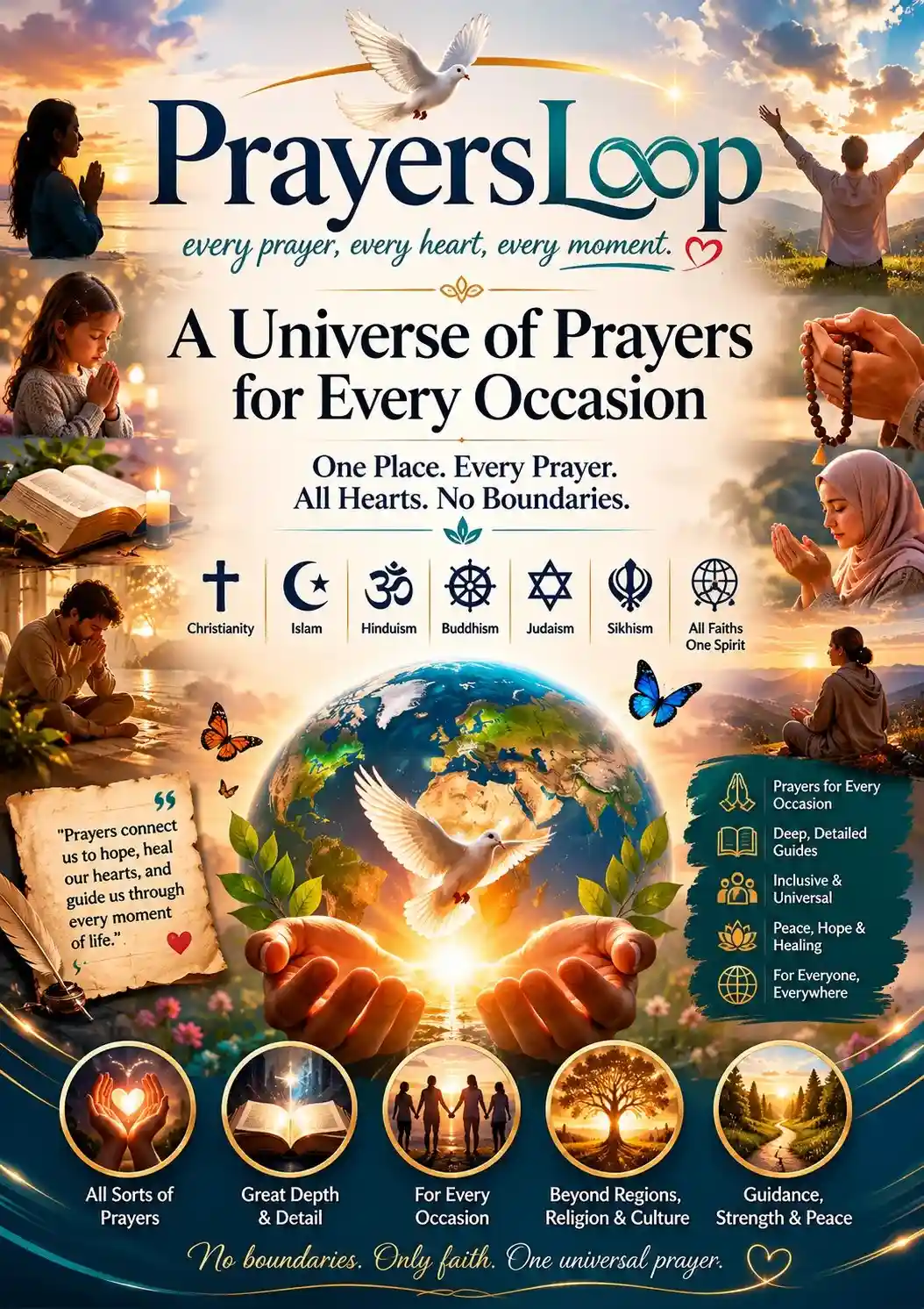 A peaceful illustration showing people from different backgrounds praying together, symbolizing unity, compassion, and prayers for all humanity.